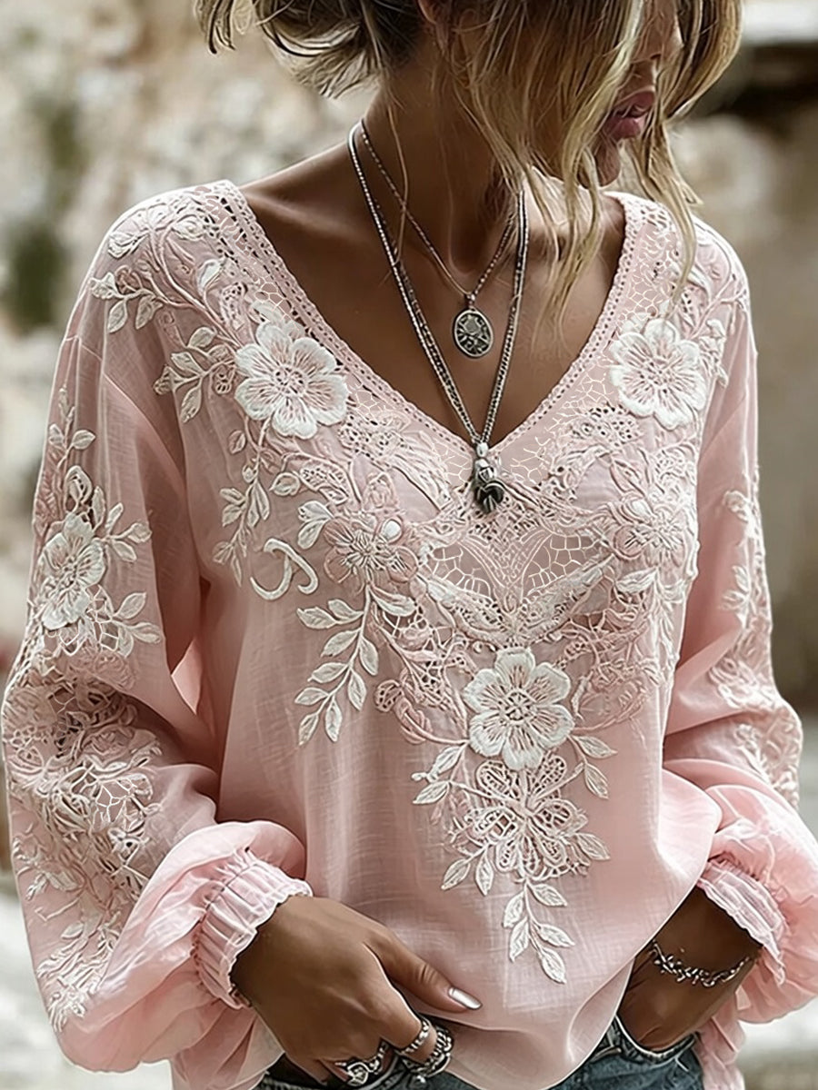 Women's Vintage Floral Art Print Casual Cotton-Linen Top