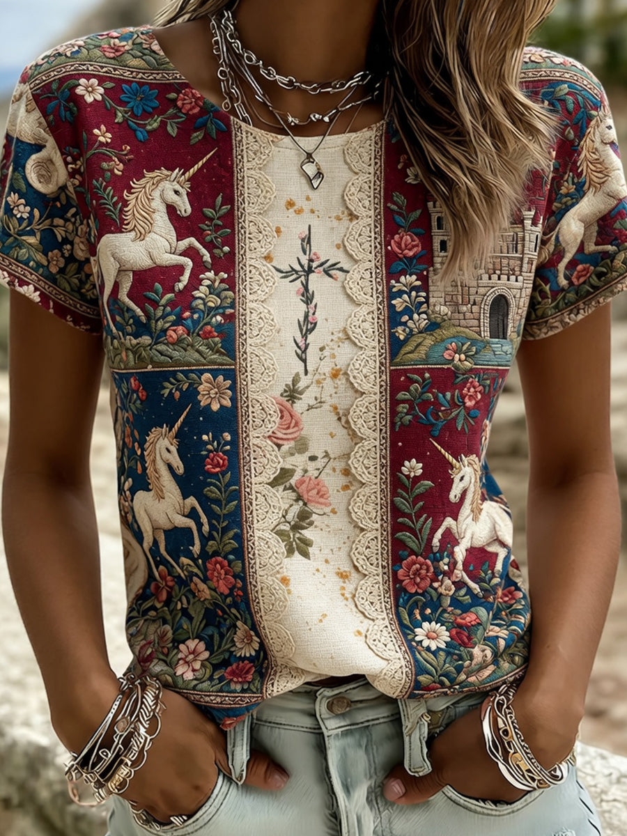 Women's Vintage Floral Art Print Comfort T-Shirt