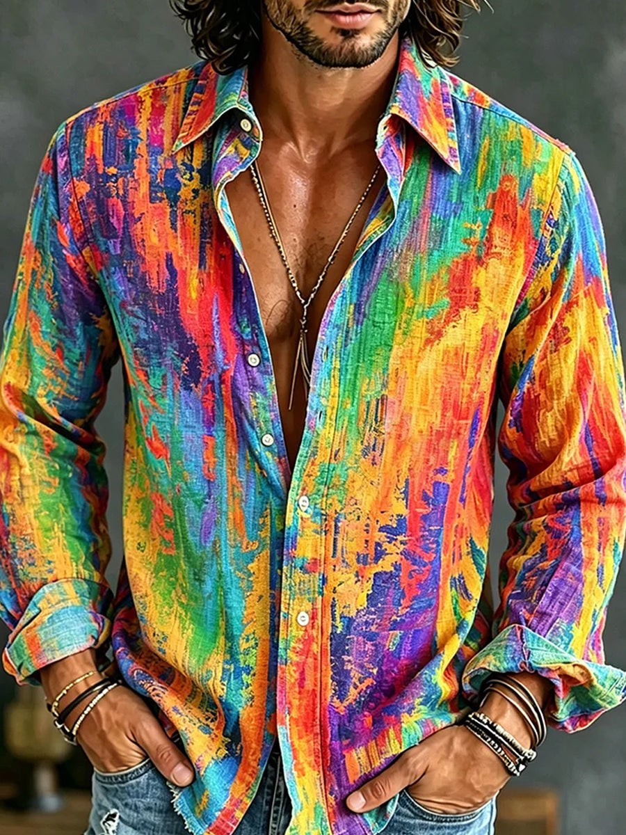 Retro Abstract Art Print Casual Cotton-Linen Shirt