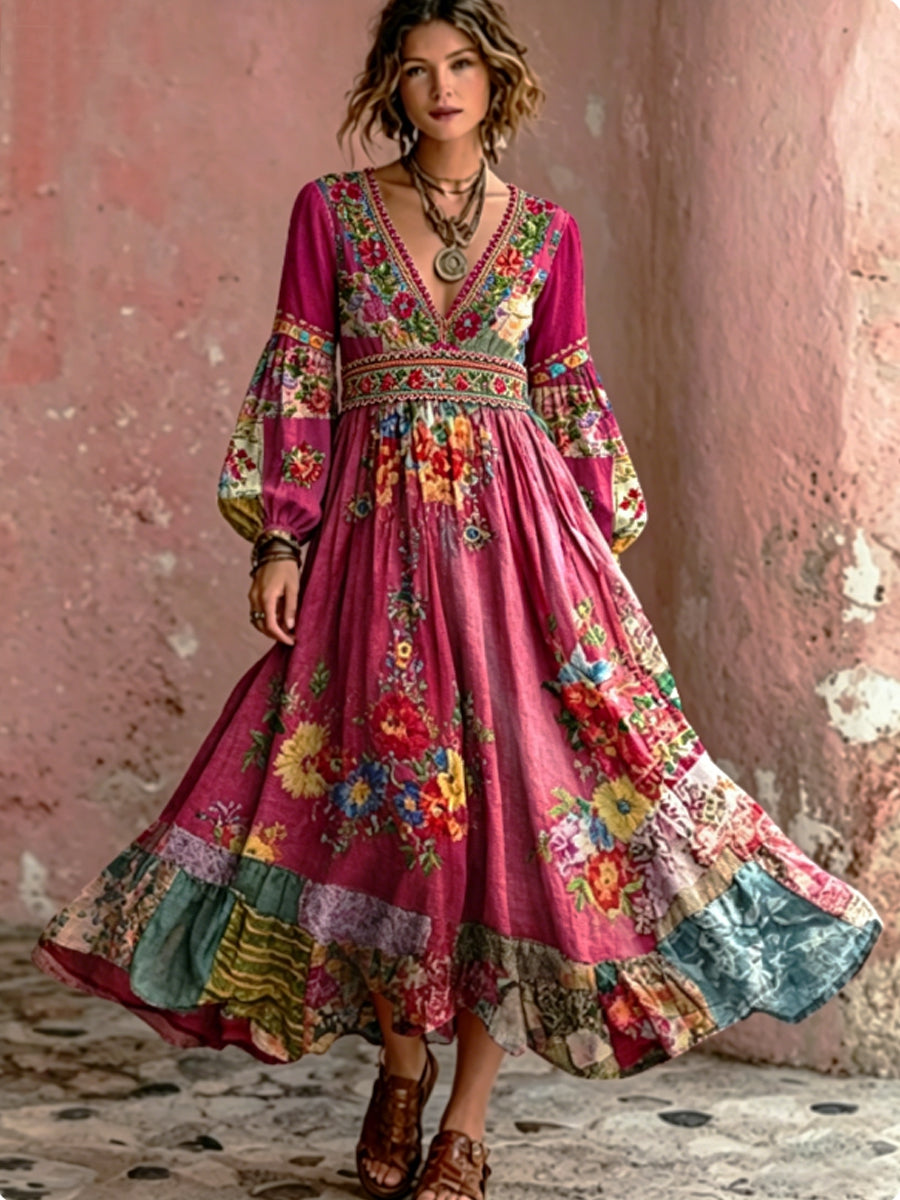 Women's Bohemian Floral Embroidery Art V-Neck Elegant Chic Loose Long Sleeve Maxi Dress