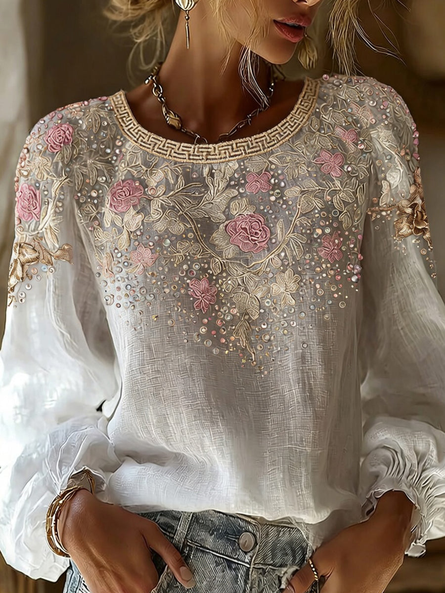 Women's Vintage Floral Art Print Casual Cotton-Linen Top