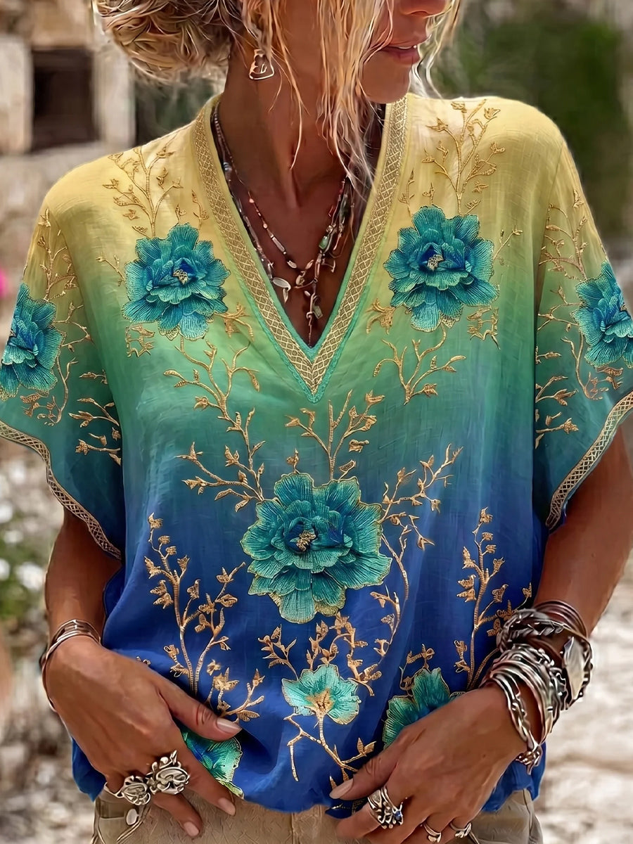 Women's Vintage Floral Art Print Casual Cotton-Linen Top