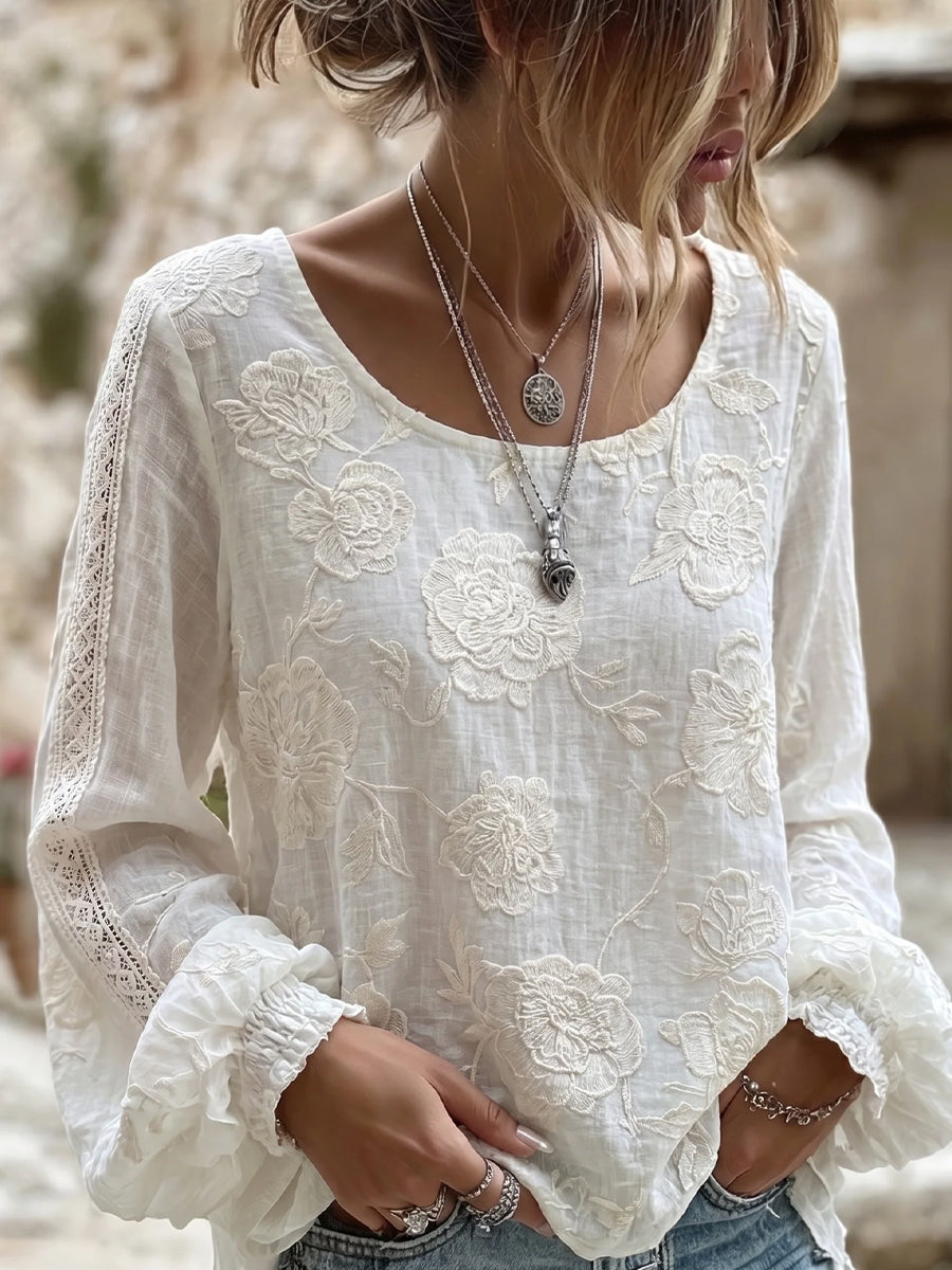 Women's Vintage Floral Art Print Casual Cotton-Linen Top