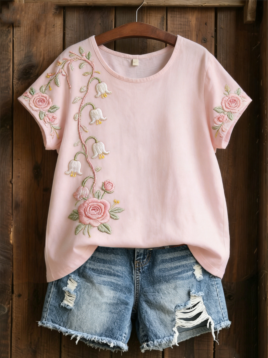 Women's Pink Floral Print linen short-sleeved T-shirt