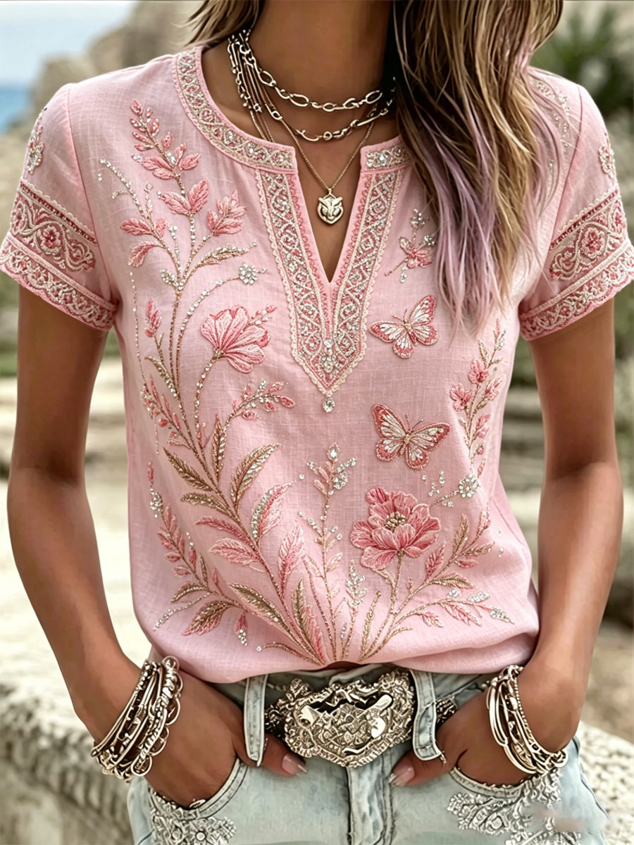 Women's Breast Cancer Pink Flowers Print V-Neck Casual T-Shirt