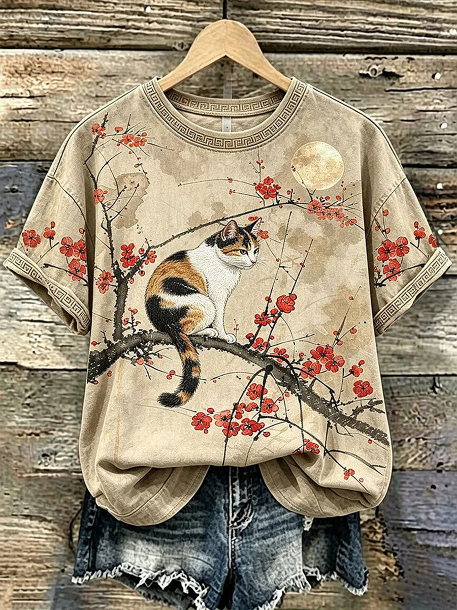 Women's Casual T-Shirt with Cat and Animal Embroidery & Print