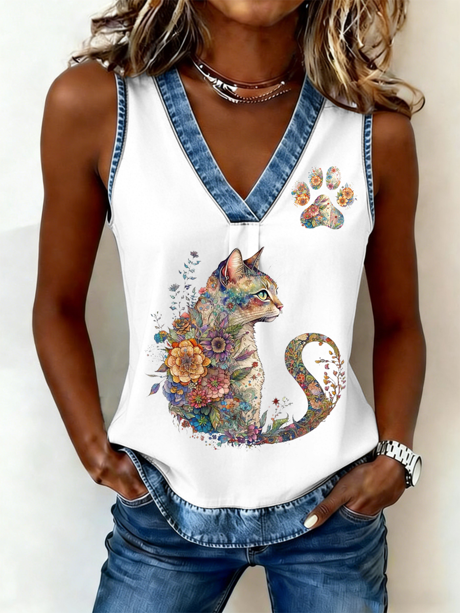 Women's Cat and Floral Print Vest