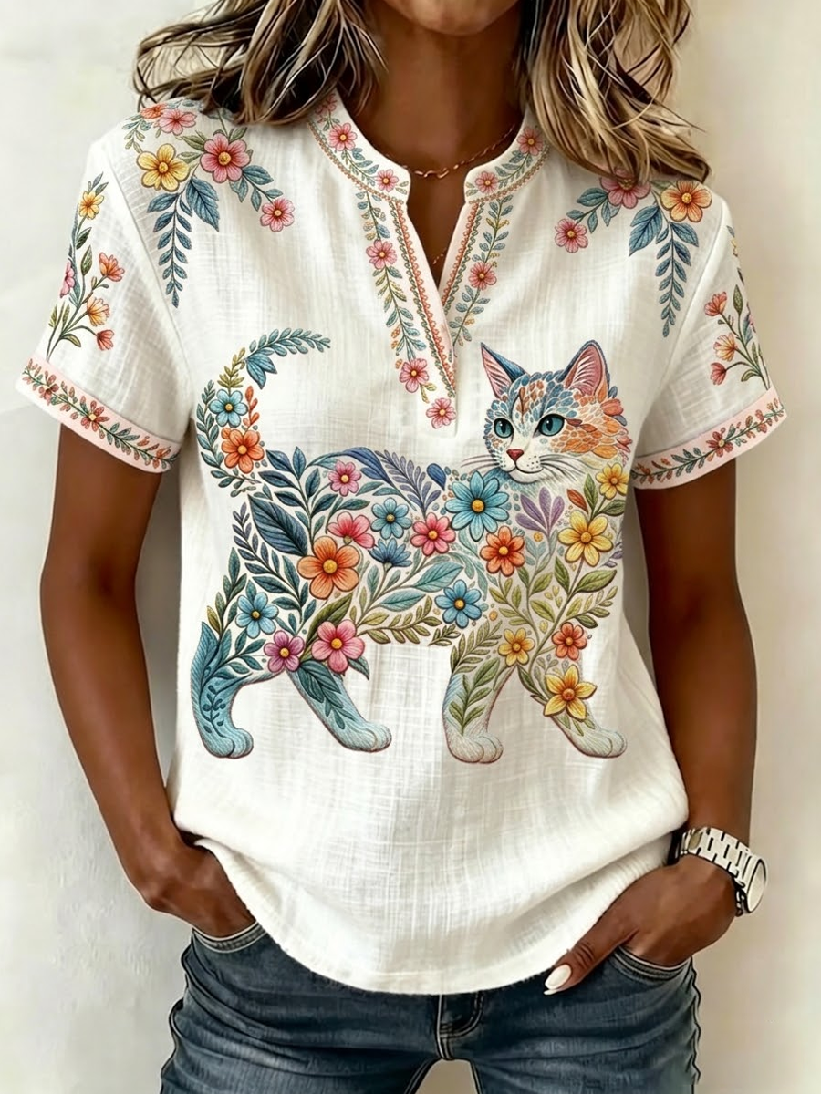 Women's Floral Cats Print Casual V-Neck Top