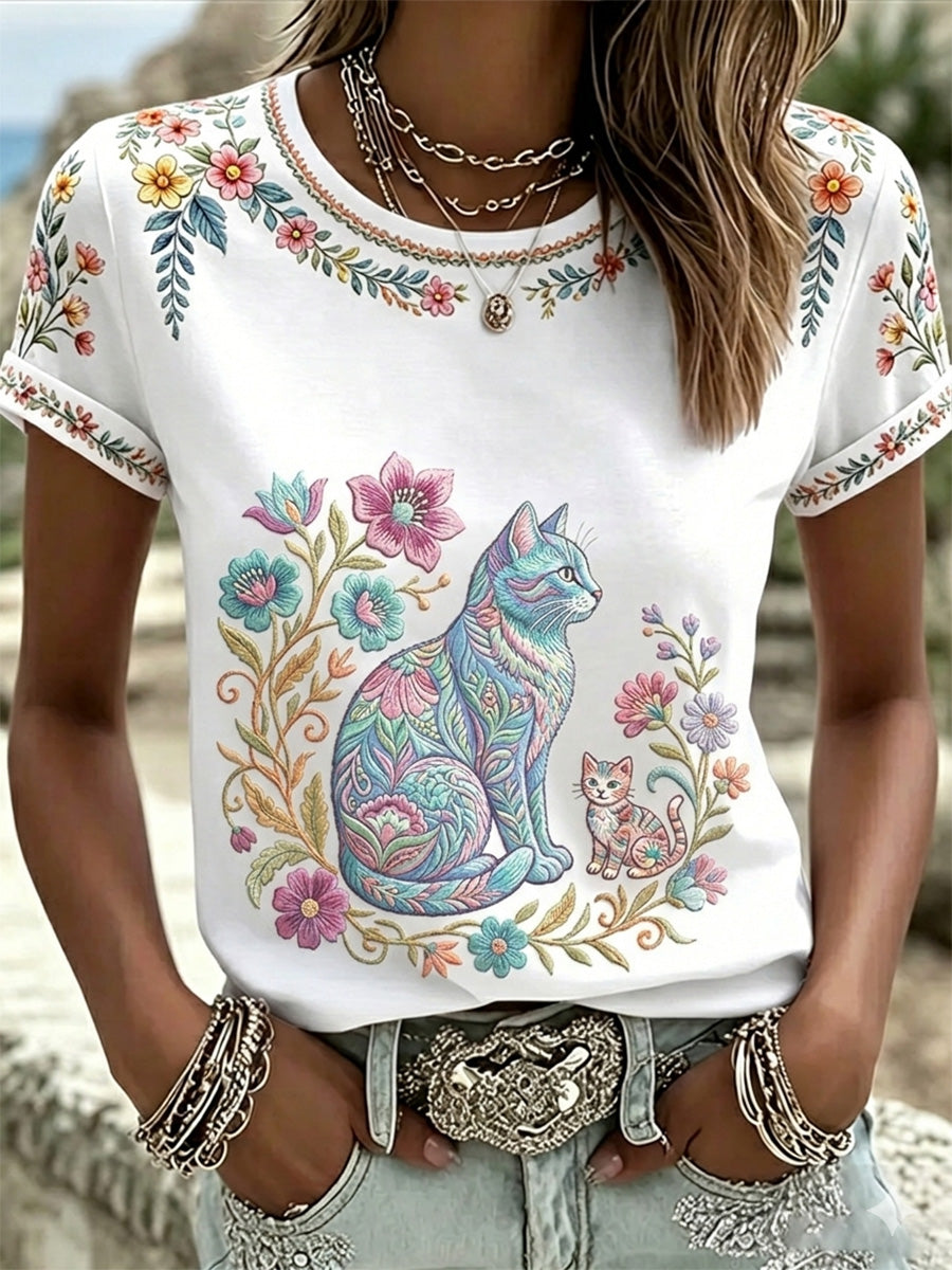 Women's Floral Cats Print Casual Tee
