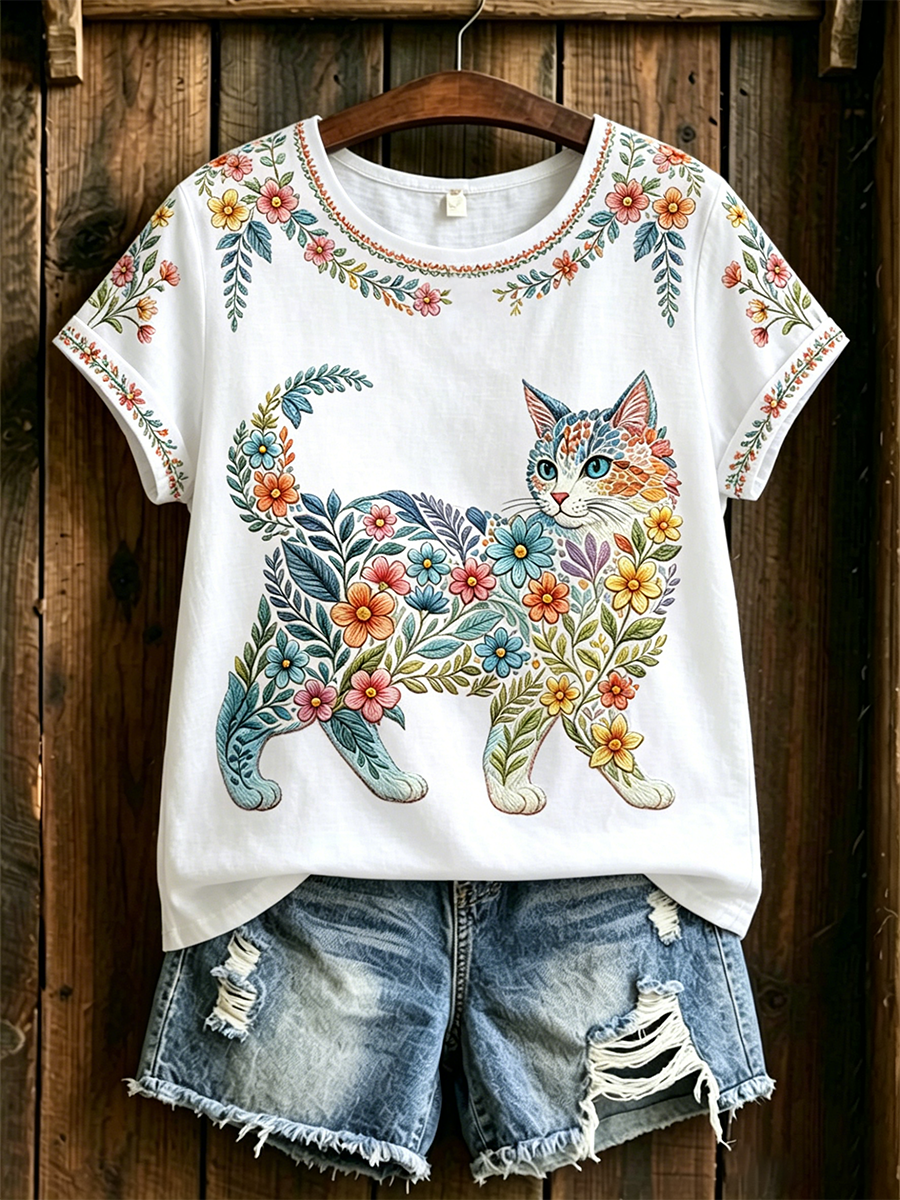 Women's Floral Cats Print Casual Tee