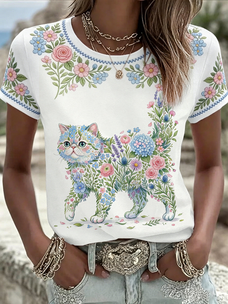 Women's Floral Cat Print Casual Tee