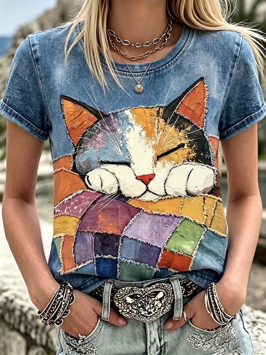 Women's Lovely Sleeping Cat Colorblock Patchwork Art Cotton Linen Crew Neck Short Sleeve Top