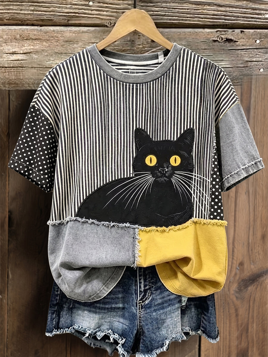 Women's Black Cat Striped & Polka Dots Patchwork Art Cotton Linen Crew Neck Short Sleeve Top