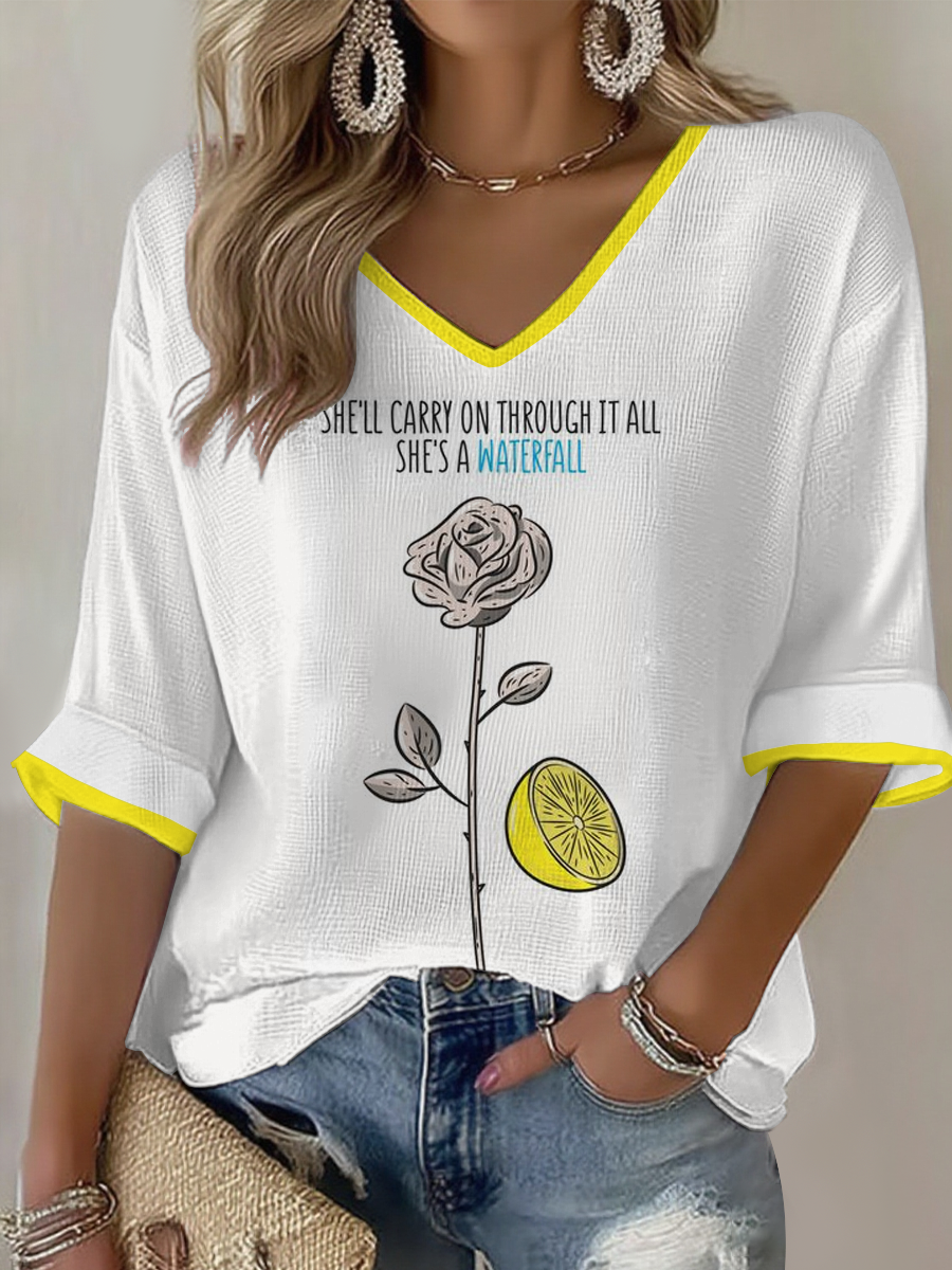 Women's Lemon Roses Music Lover Printed Waffle T-shirt
