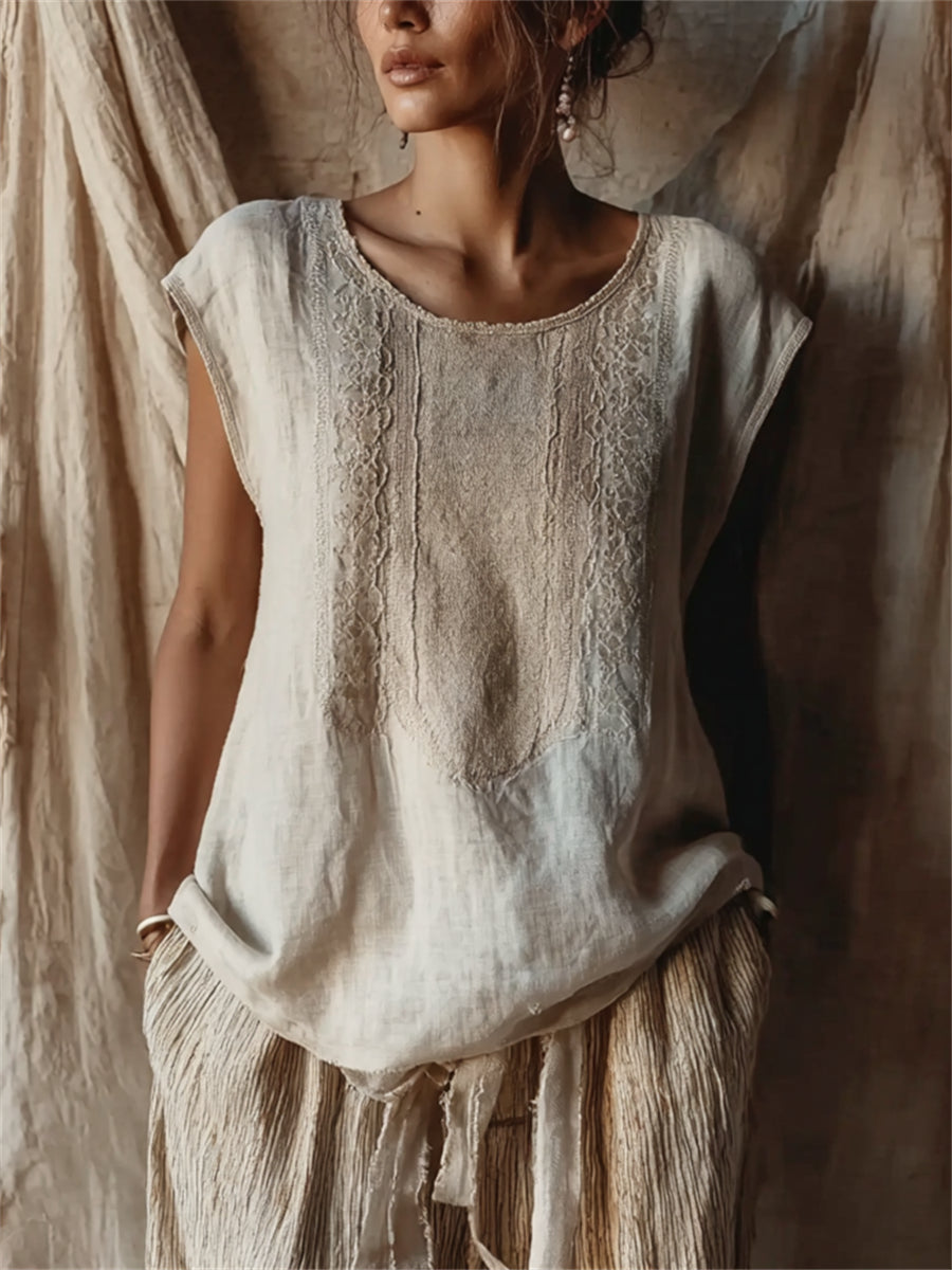 Women's Vintage Comfy Oversize Cap Sleeve Linen Tunic