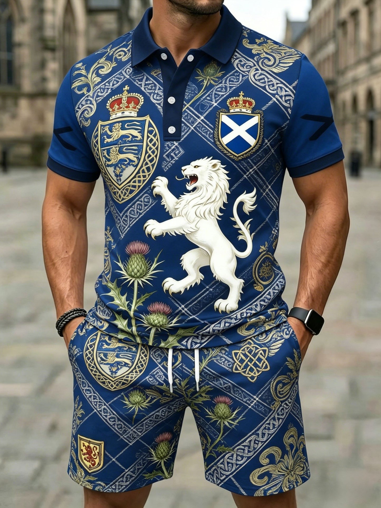 Retro UK Scotland Football Lover 2026 Print Casual Polo & Shorts Set
