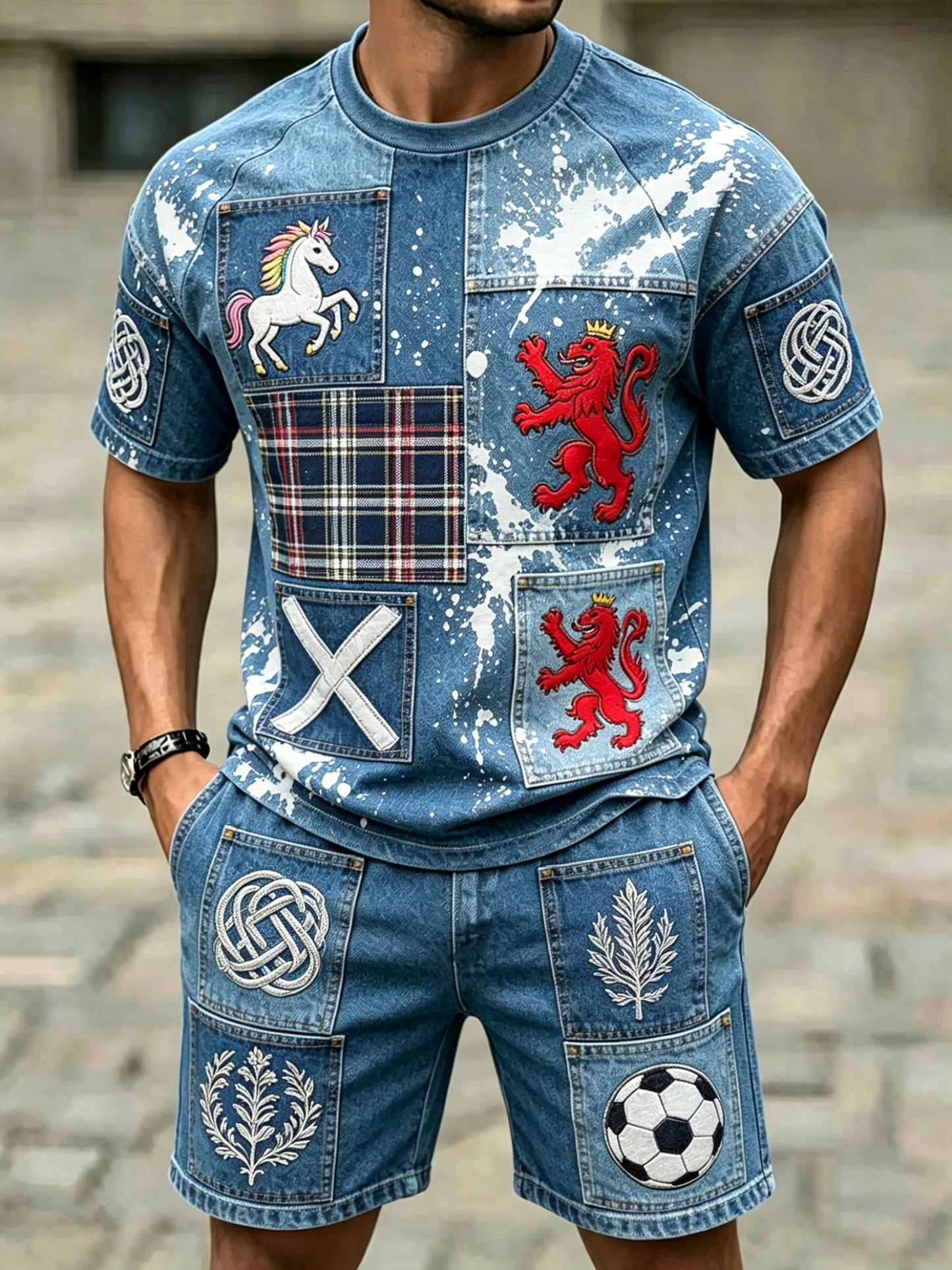 Men's Scottish Football Match Cheer Art Print Short-Sleeve Suit