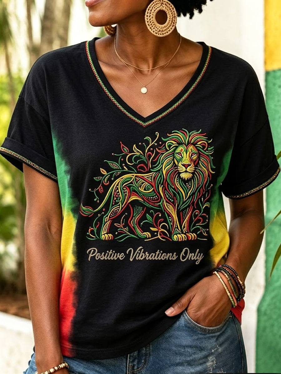 Women's Retro Reggae-Inspired Artistic Casual V-Neck T-Shirt