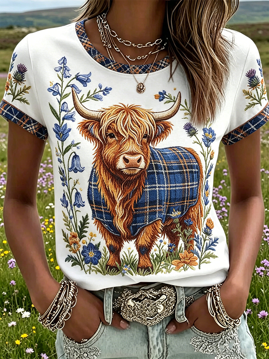 Women's Highland Denim Plaid Print T-shirt