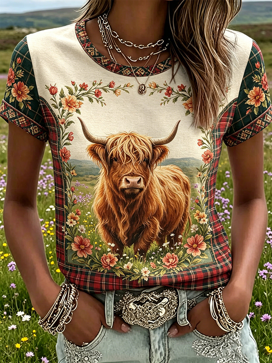 Women's Highland Denim Plaid Print T-shirt
