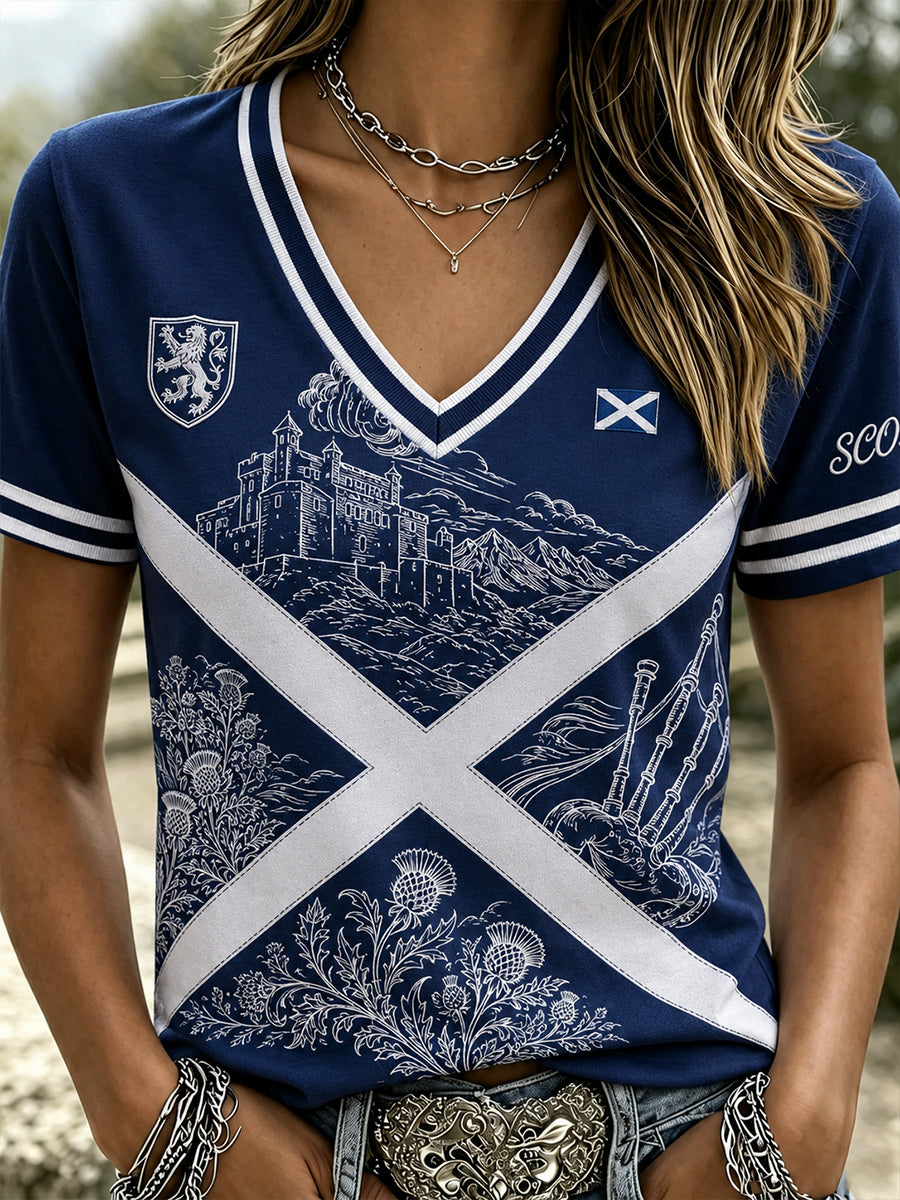 Women's Scotland Football Printed Casual V-neck T-shirt
