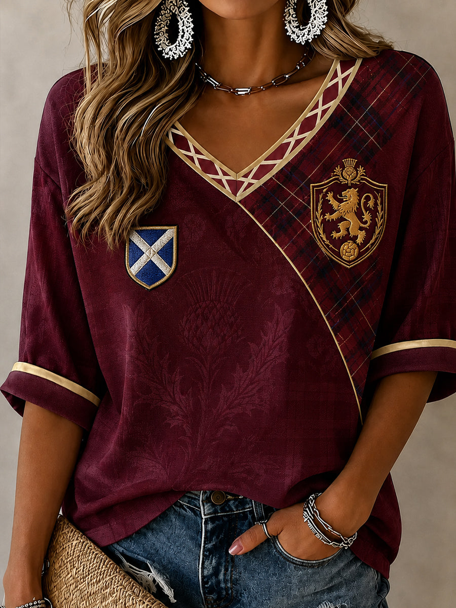 Women's Scottish Football Pattern Linen V-Neck Shirt
