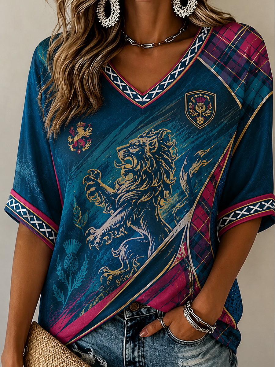 Women's Scotland Football Pattern Linen V-Neck Shirt