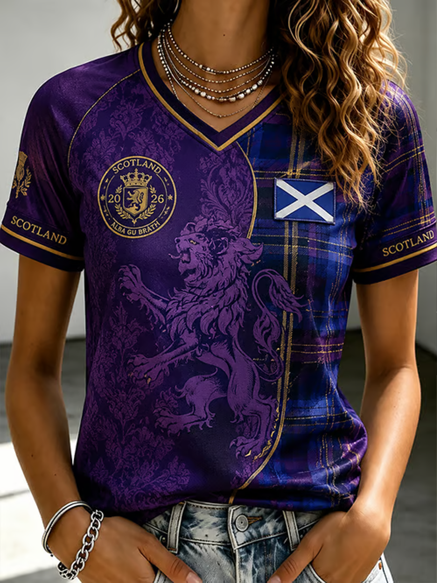 Women's Scotland Printed V-neck off-shoulder short-sleeved T-shirt