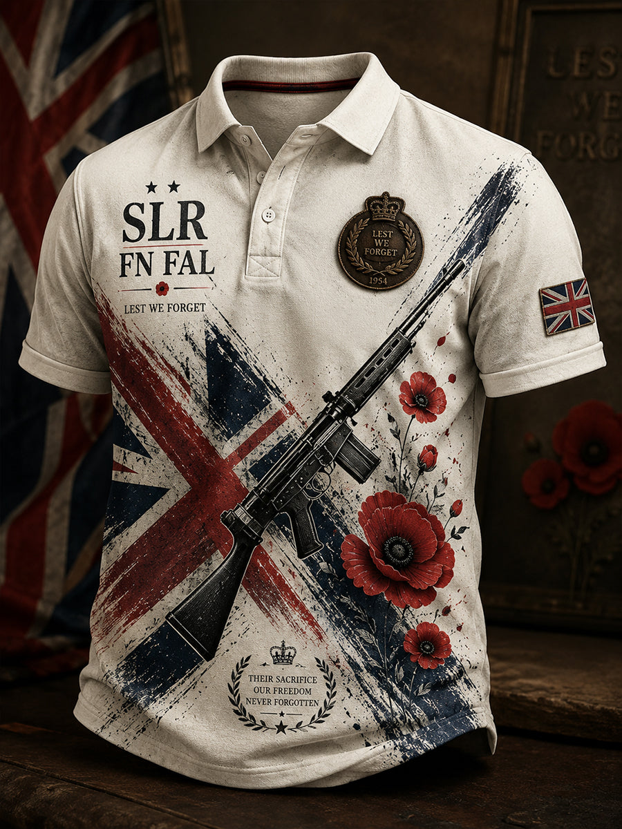 Men's Retro Veteran Weapon Print Short-Sleeve Polo Shirt