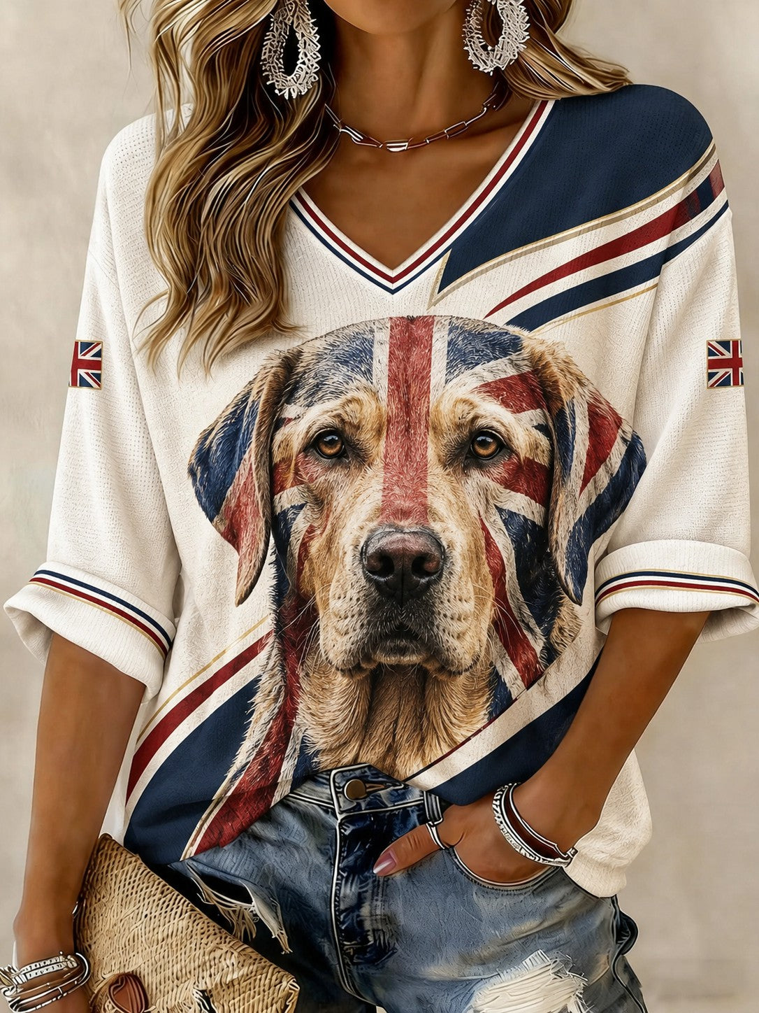 Women's British Labrador Printed Mid-length Sleeves V-neck T-shirt