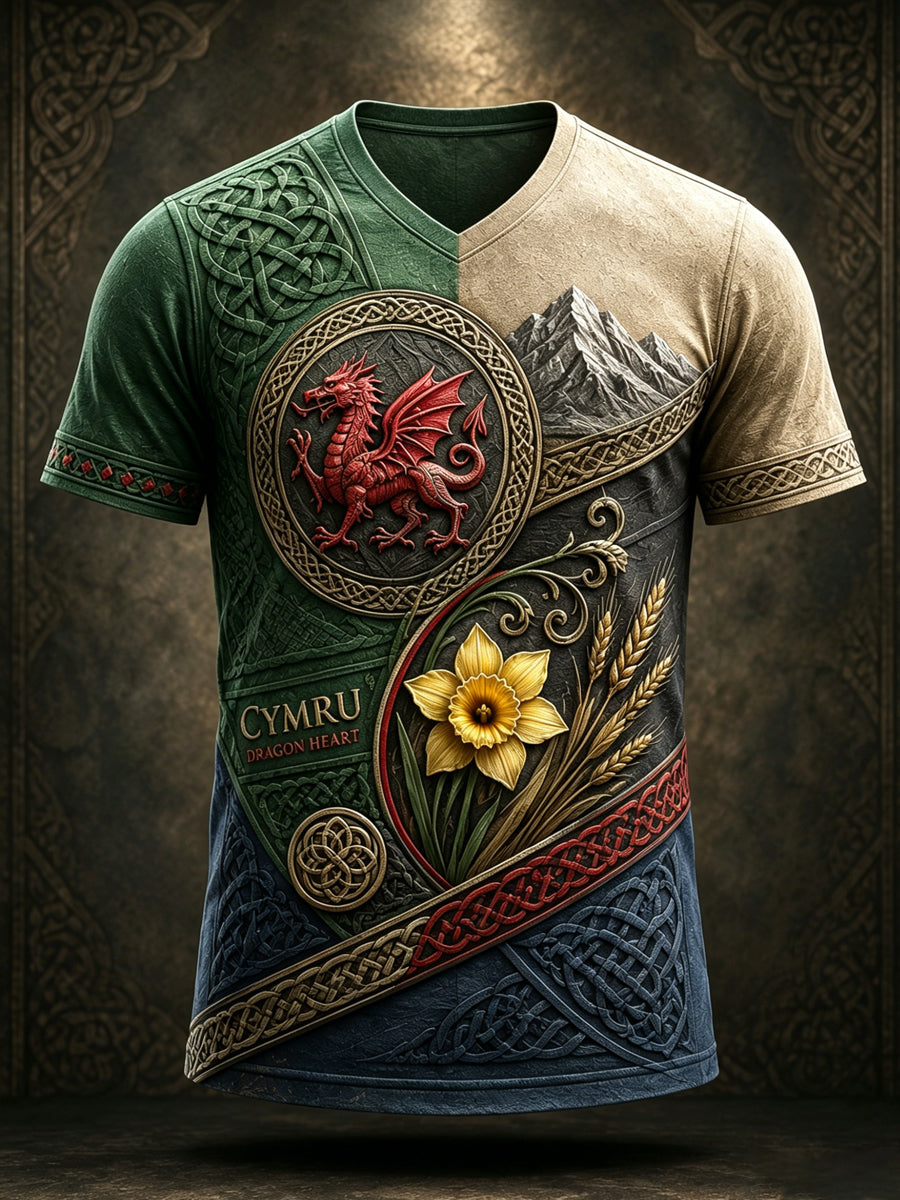 Men's Welsh Cultural Element Art Print V-Neck T-Shirt