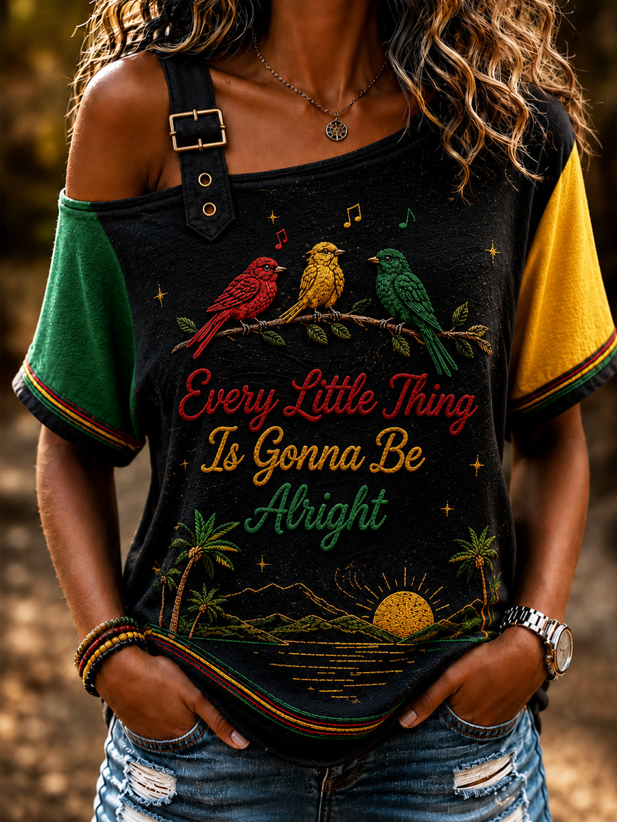 Women's Retro Reggae Patchwork Casual Off-the-Shoulder T-Shirt