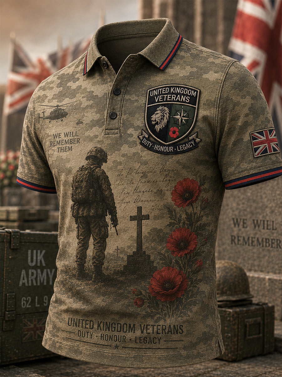 Men's Vintage-Style Short-Sleeve Polo Shirt With Veteran Commemorative Camouflage Print