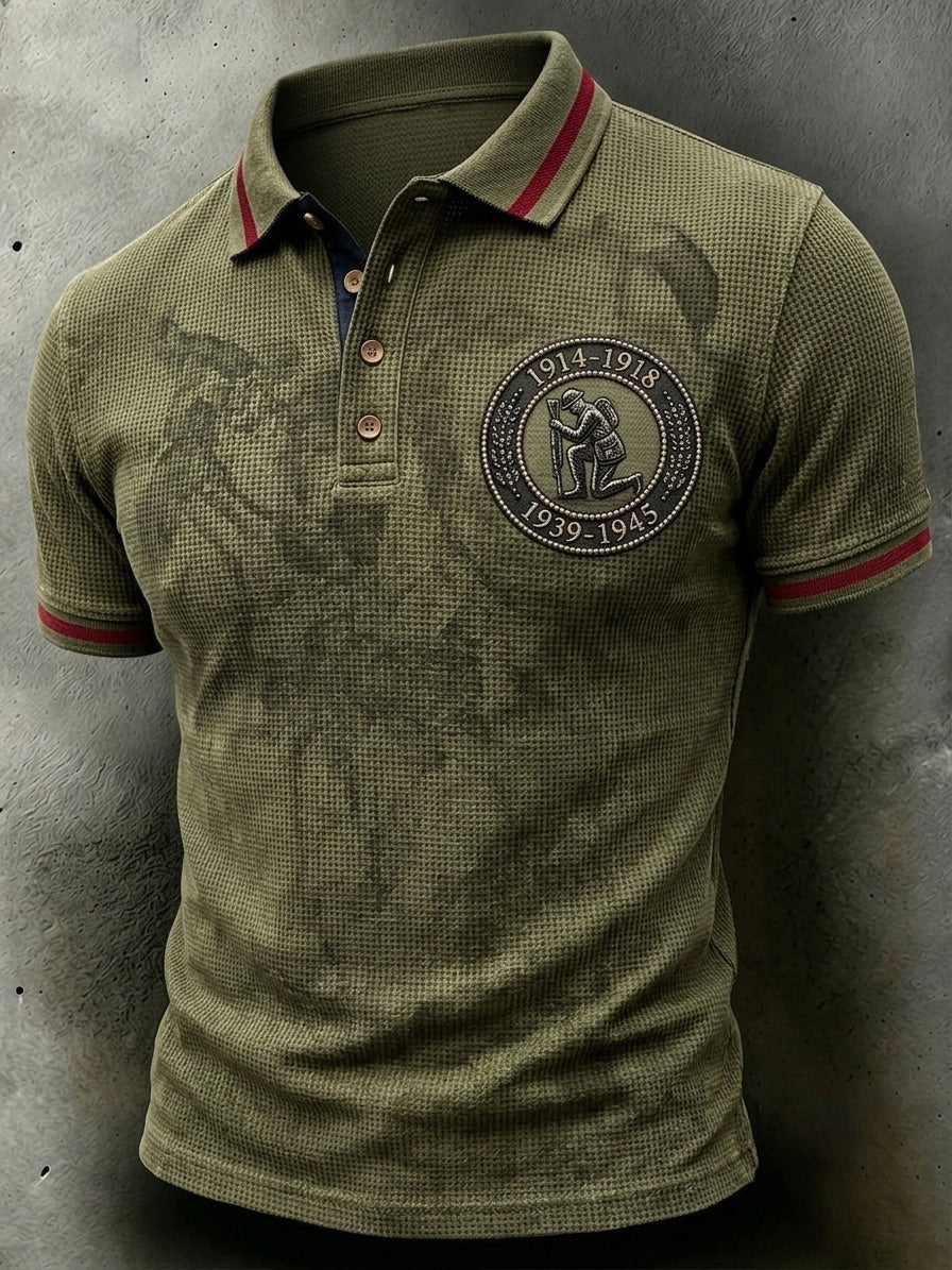 Men's British veteran print waffle polo t-shirt