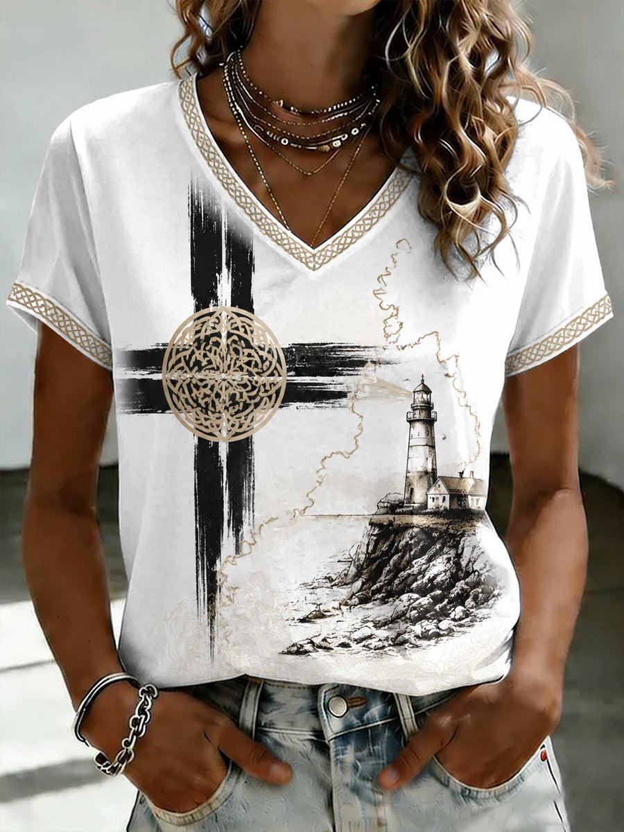 Women's Cornish Celtic-style Printed V-neck T-shirt