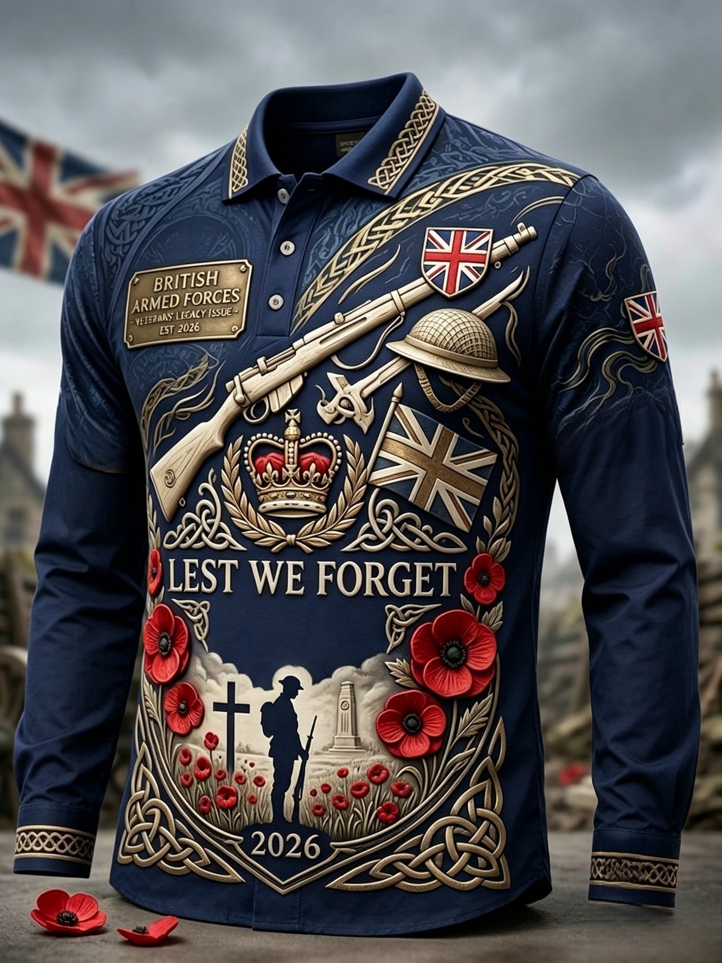 Men's British Veteran Print Long-Sleeve Polo Shirt