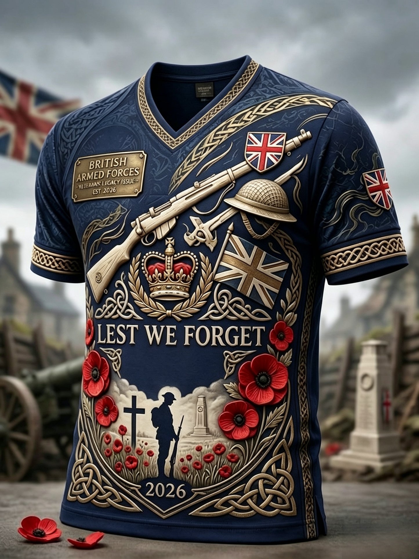 Men's British veteran print v-neck short sleeves t-shirt