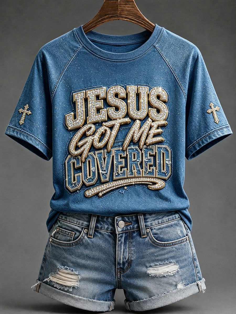 Women's Jesus Got Me Covered Christian Faith Print Round Neck Short Sleeve T-shirt