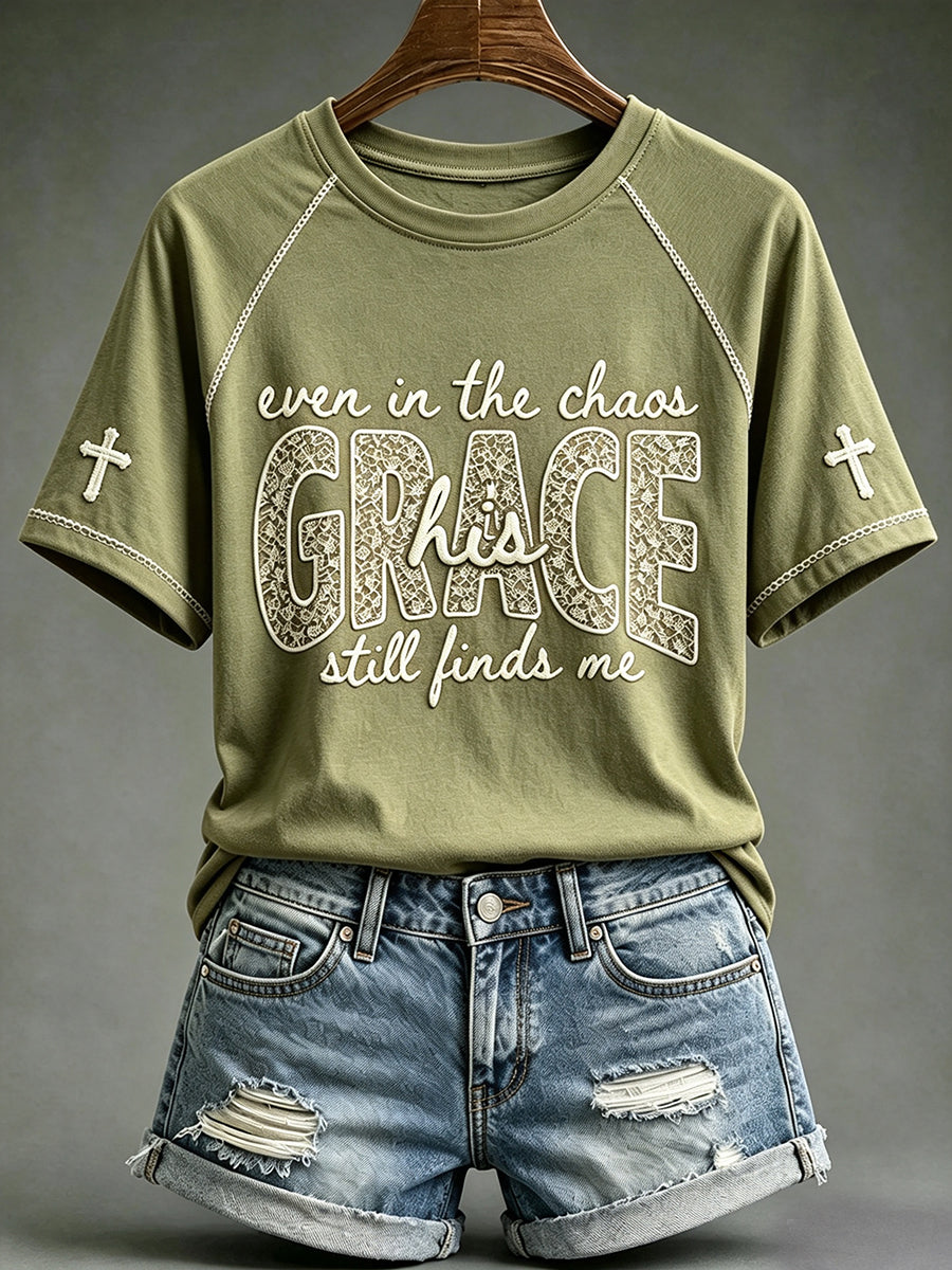 Women's His Grace Still Finds Me Christian Faith Floral Print Round Neck Short Sleeve T-shirt