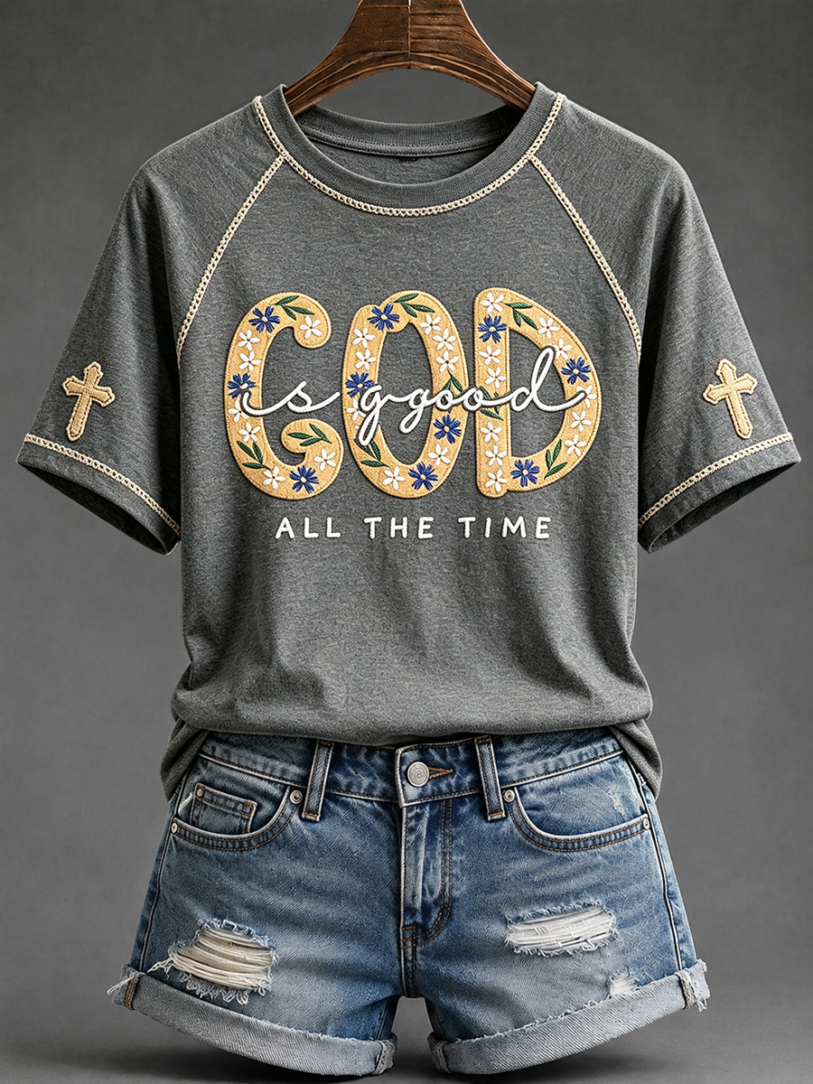 Women's God Is Good Floral Print Round Neck Short Sleeve T-shirt