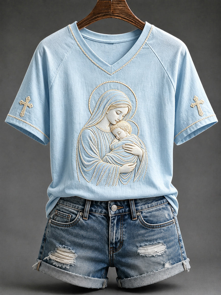 Women's Virgin Mary Cross Print V-neck Short-sleeved T-shirt