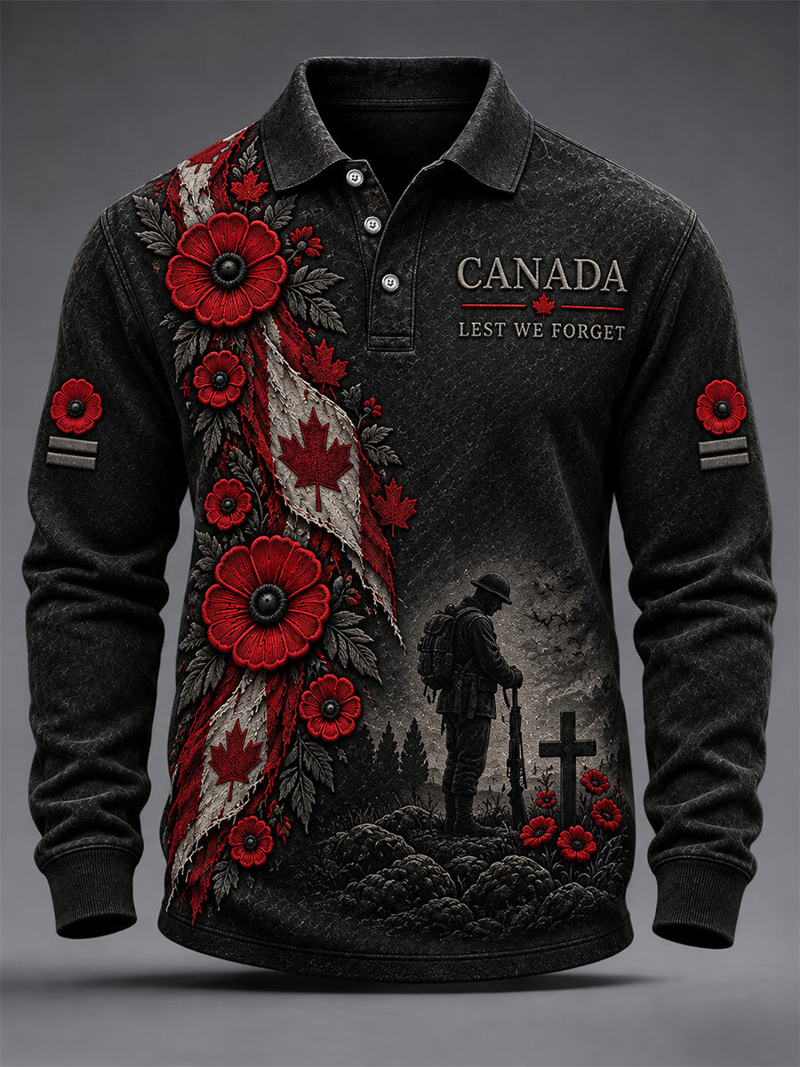 Men's Lest We Forget Canada Remembrance Day Poppy Print Long Sleeve Polo