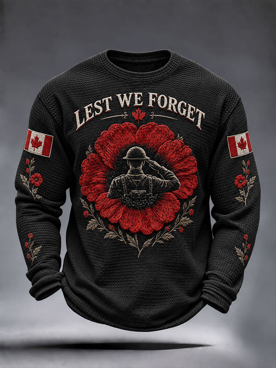 Men's Lest We Forget Canada Remembrance Day Poppy Print Waffle Long Sleeve T-Shirt