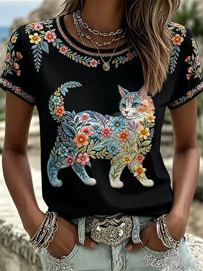 Women's Floral Cats Print Casual Tee