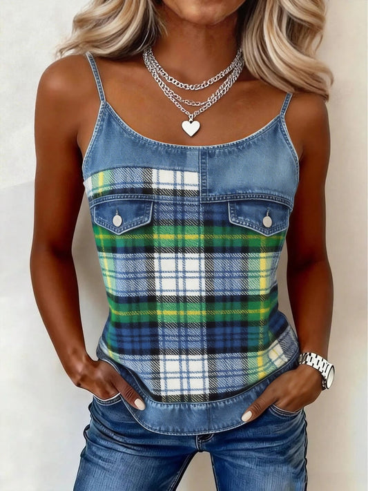 Women's Classic Plaid Pattern Denim Patchwork Tank Top