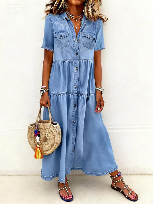 Women's Casual Elegant Long Denim Shirt Dress