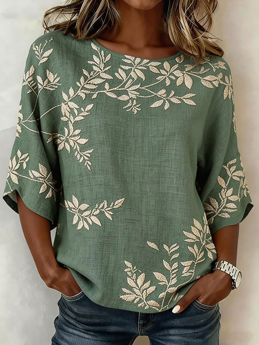 Women's Floral Cotton-Linen Casual T-Shirt