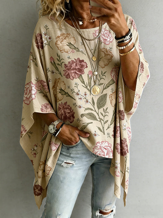 Women's Carnation Floral Art Mother's Day Printed Linen Tops