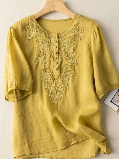Women's Floral Cotton and Linen T-Shirt