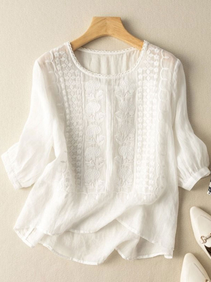 Women's Floral Cotton-Linen Casual T-Shirt